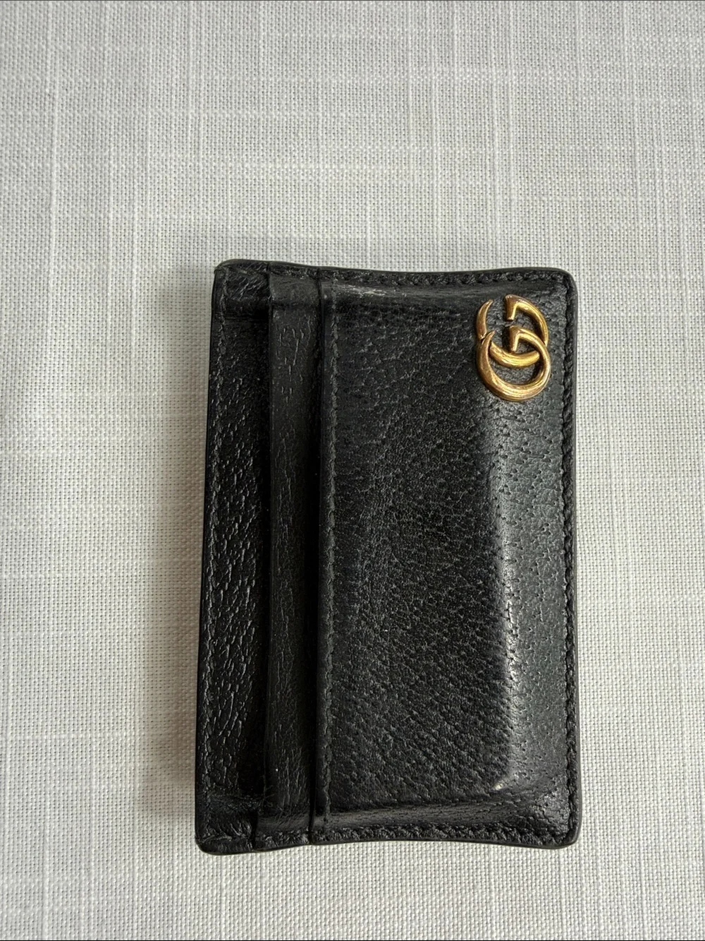 Gucci Black Leather Card Holder with Gold Double G Emblem